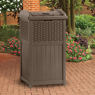 Suncast 73 Gallon Deck Box & Wicker Trash Hideaway Outdoor Garbage Bin, Java