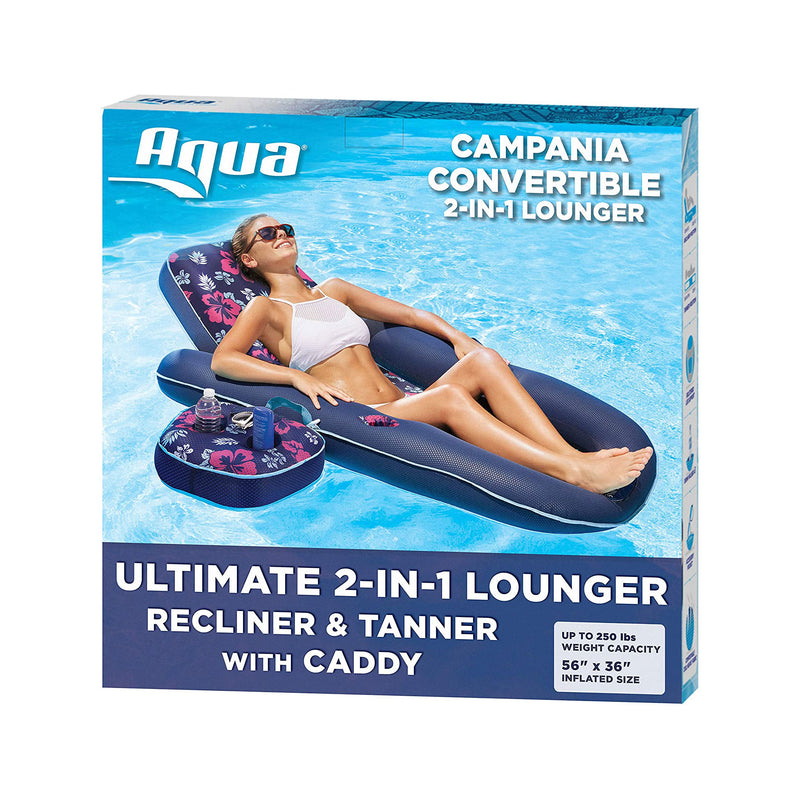 Aqua Leisure Campania Convertible 2 in 1 Pool Float Lounge/Caddy, Navy Hibiscus