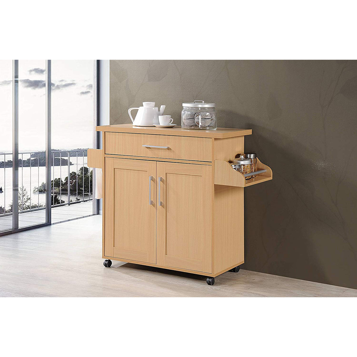 Hodedah Kitchen Island with Large Spice Rack and Towel Holder, Beech (Open Box)