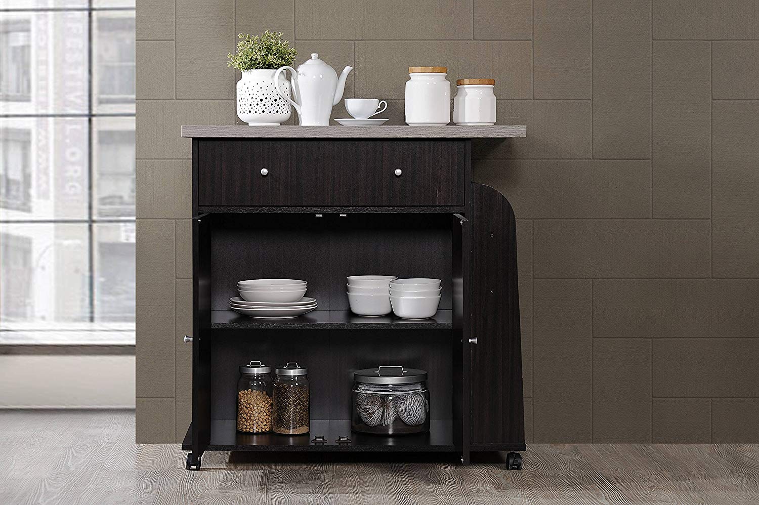 Hodedah Kitchen Island Cabinet Drawer Storage with Spice & Towel Rack, Chocolate - VMInnovations