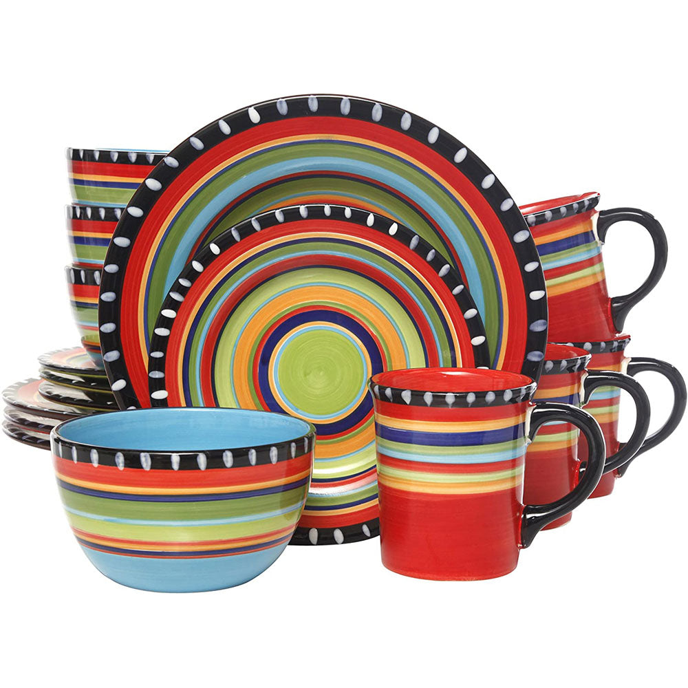 Gibson Elite 16 Piece Multi Color Glaze Dinnerware Plates, Bowls, Mugs(Open Box)