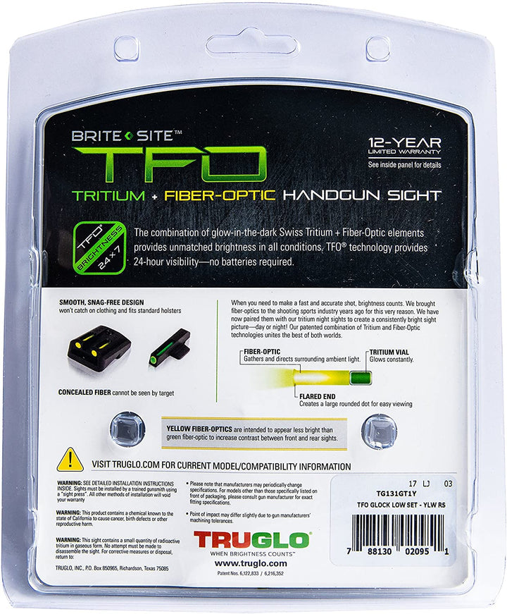 TruGlo TFO Tritium Fiber Optic Sight , Glock 17/17L & More, Yellow (Open Box)