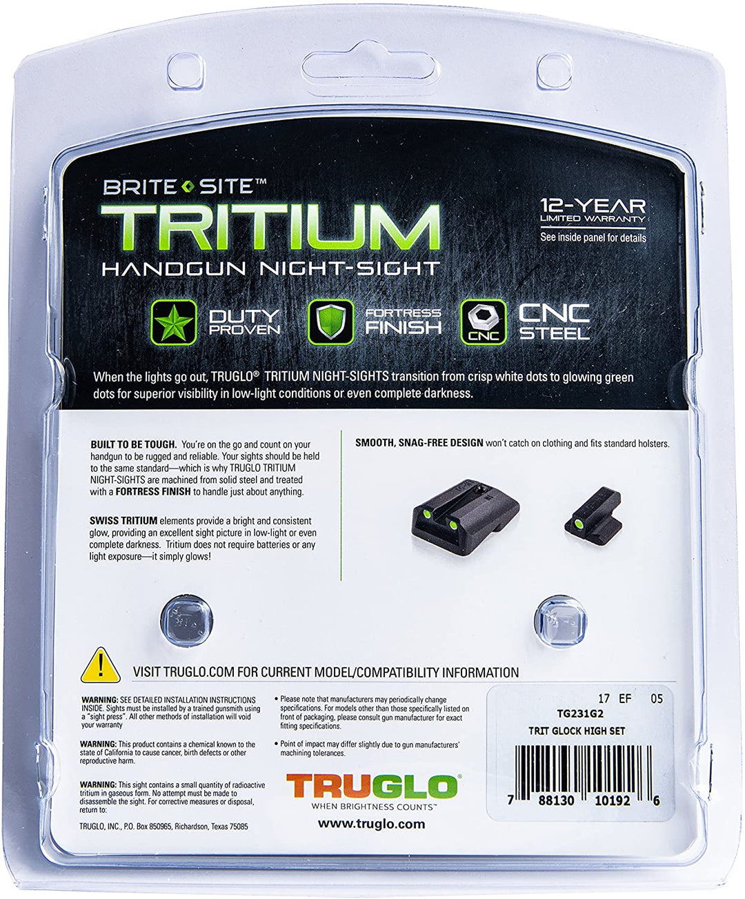 TruGlo Tritium Pro Brite Site High Set Handgun Sight, Glock 20 & More (Open Box) - VMInnovations