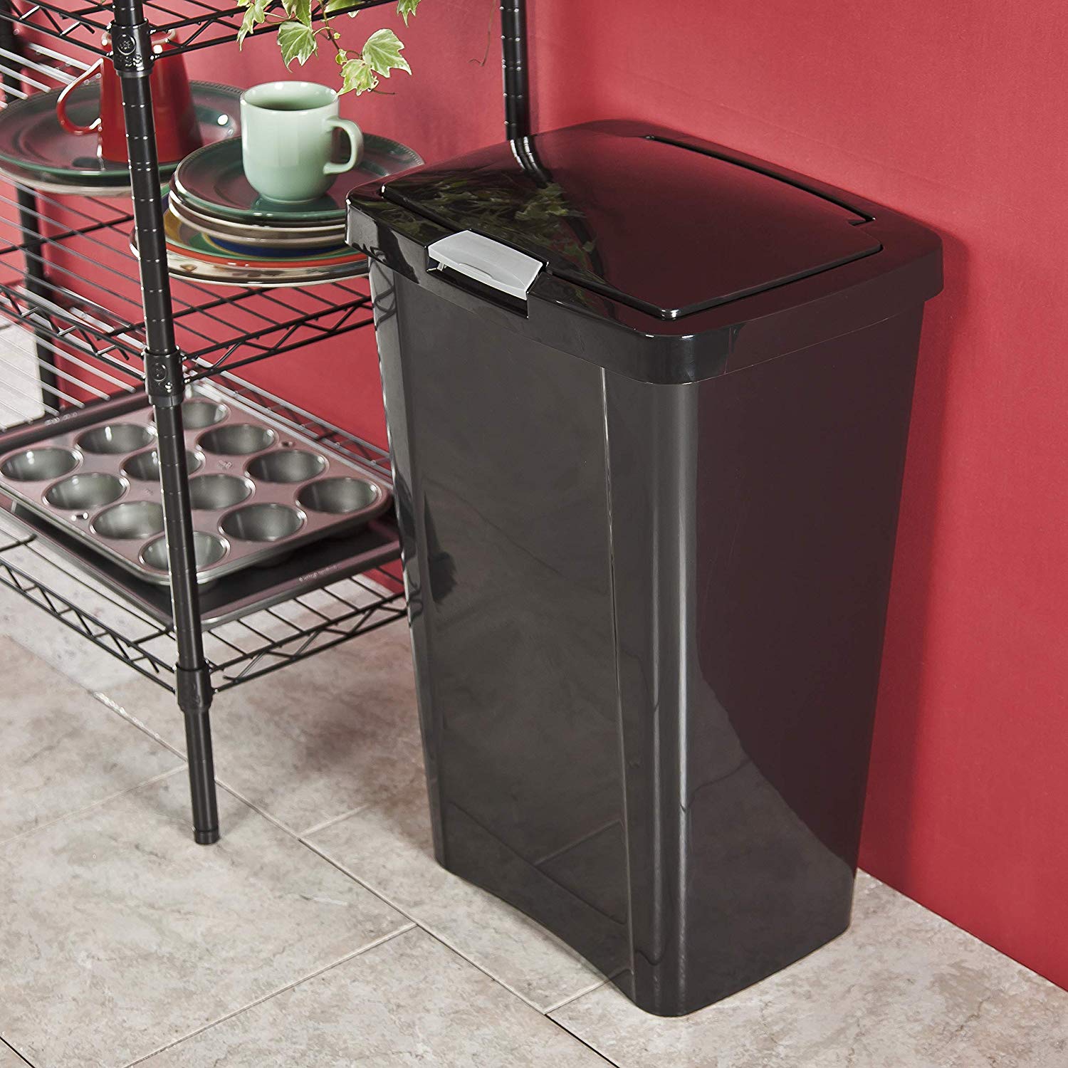 Sterilite 10459004 13 Gallon TouchTop Wastebasket with Titanium Latch, Black