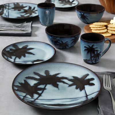 Gibson 16 Piece Reactive Glaze Blue Sunset Dinnerware Set Plates, Bowls, & Mugs