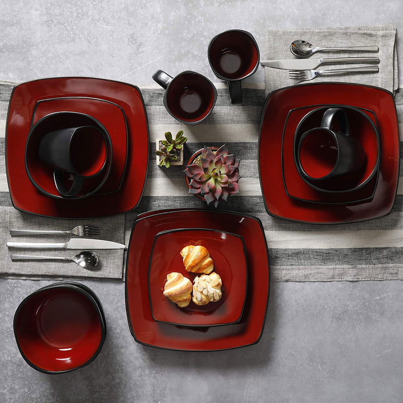 Gibson Soho Lounge 16 Piece Red Glazed Dinnerware Plates, Bowls, & Mugs (2 Pack)