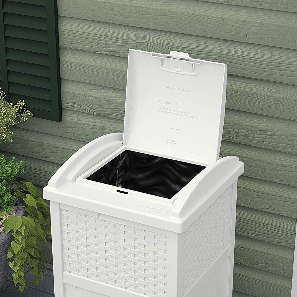 Suncast GHW1732WH Trashcan Hideaway Outdoor 33 Gallon Garbage Waste Bin, White - VMInnovations
