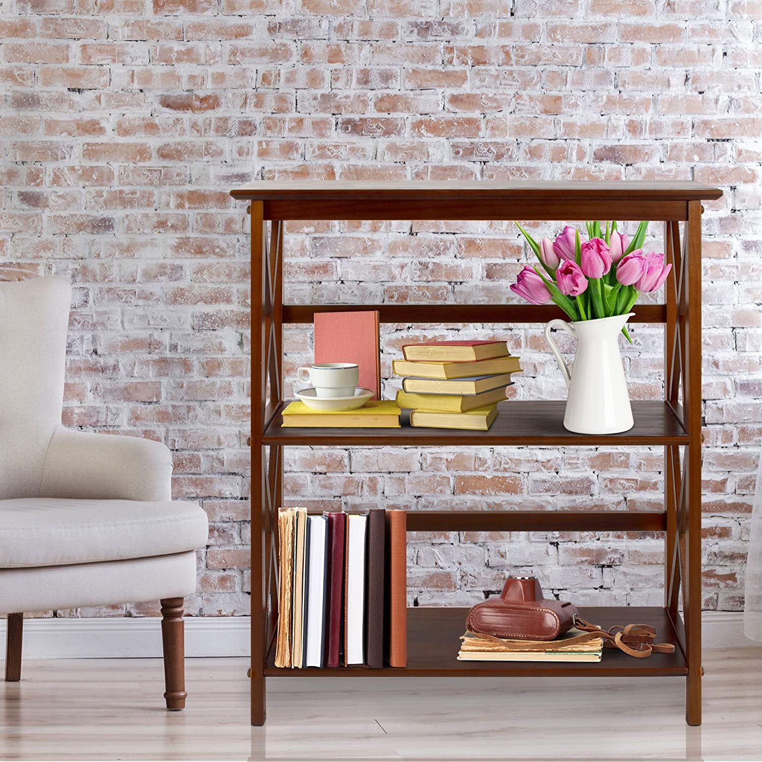Casual Home Soild Wood Montego X Design Style 3 Shelf Bookcase Walnut (Open Box)