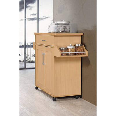 Hodedah Wheeled Kitchen Island with Large Spice Rack and Towel Holder, Beech - VMInnovations