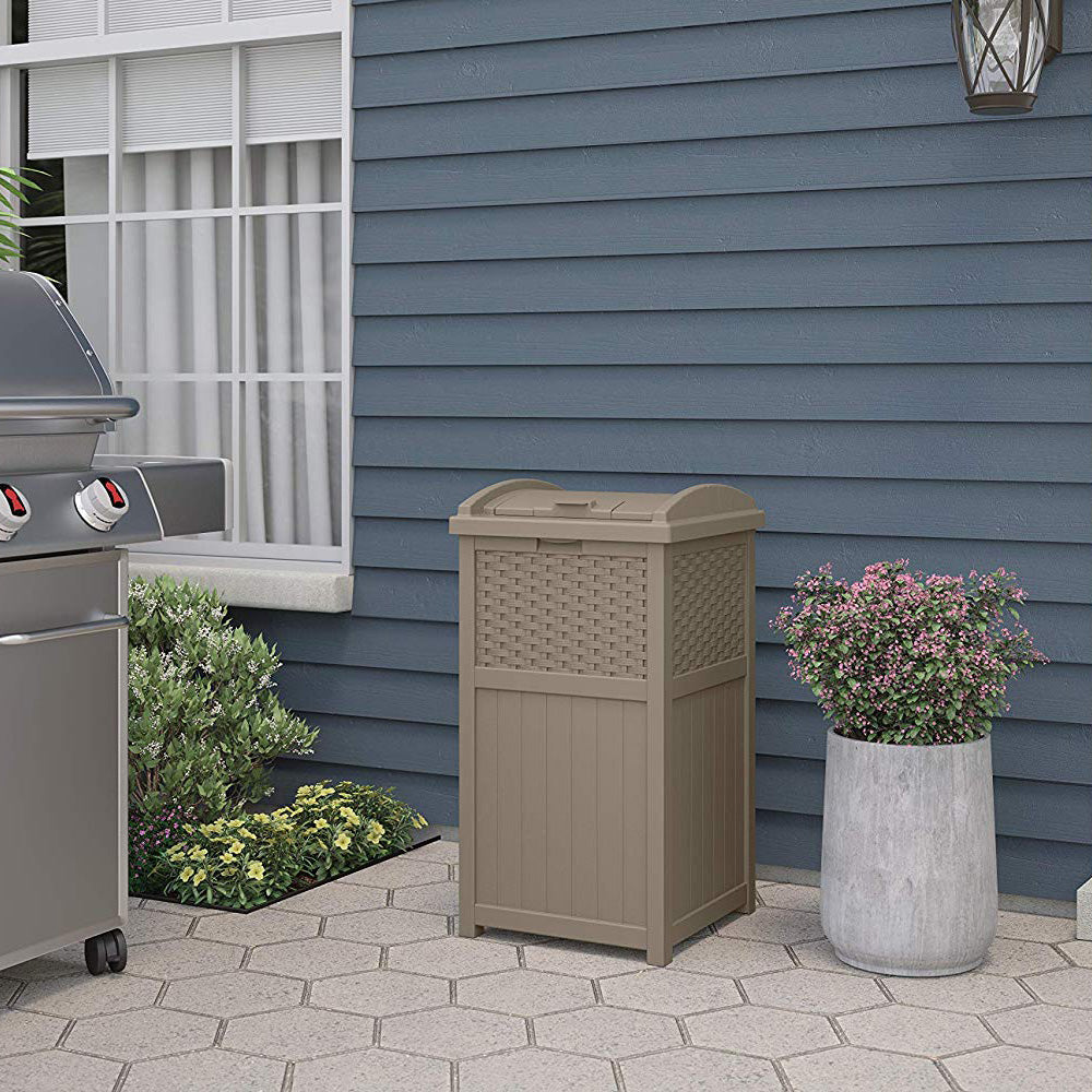Suncast Wicker Resin Hideaway Trash Can with Latching Lid, Dark Taupe (Used)