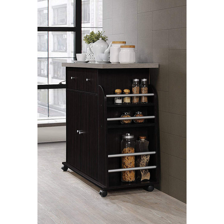 Hodedah Kitchen Island Cabinet Drawer Storage with Spice & Towel Rack, Chocolate - VMInnovations
