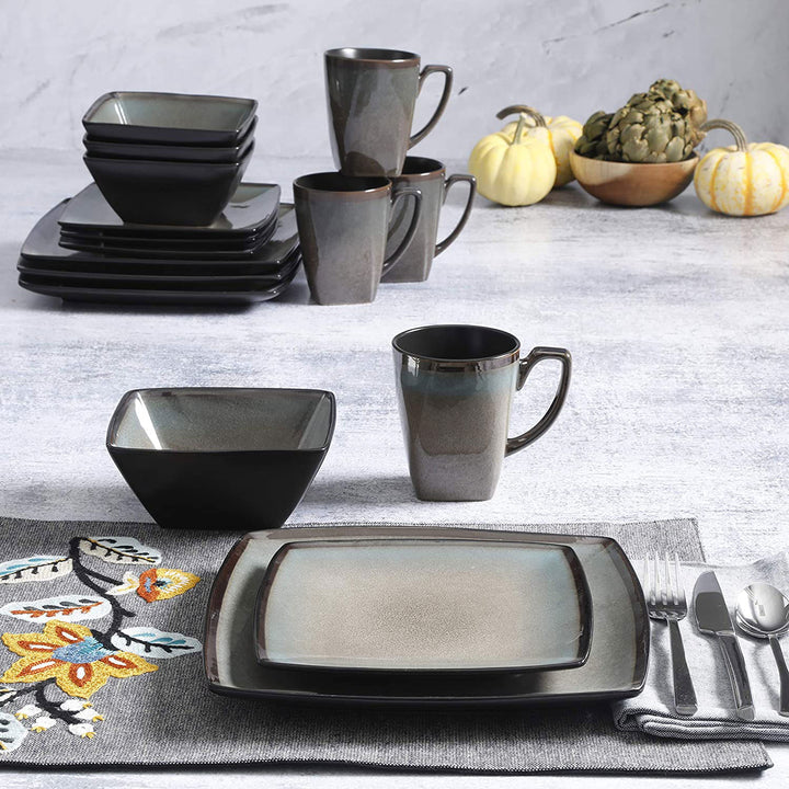 Gibson 16 Piece Square Dinnerware Set with Plates, Bowls, and Mugs (2 Pack)