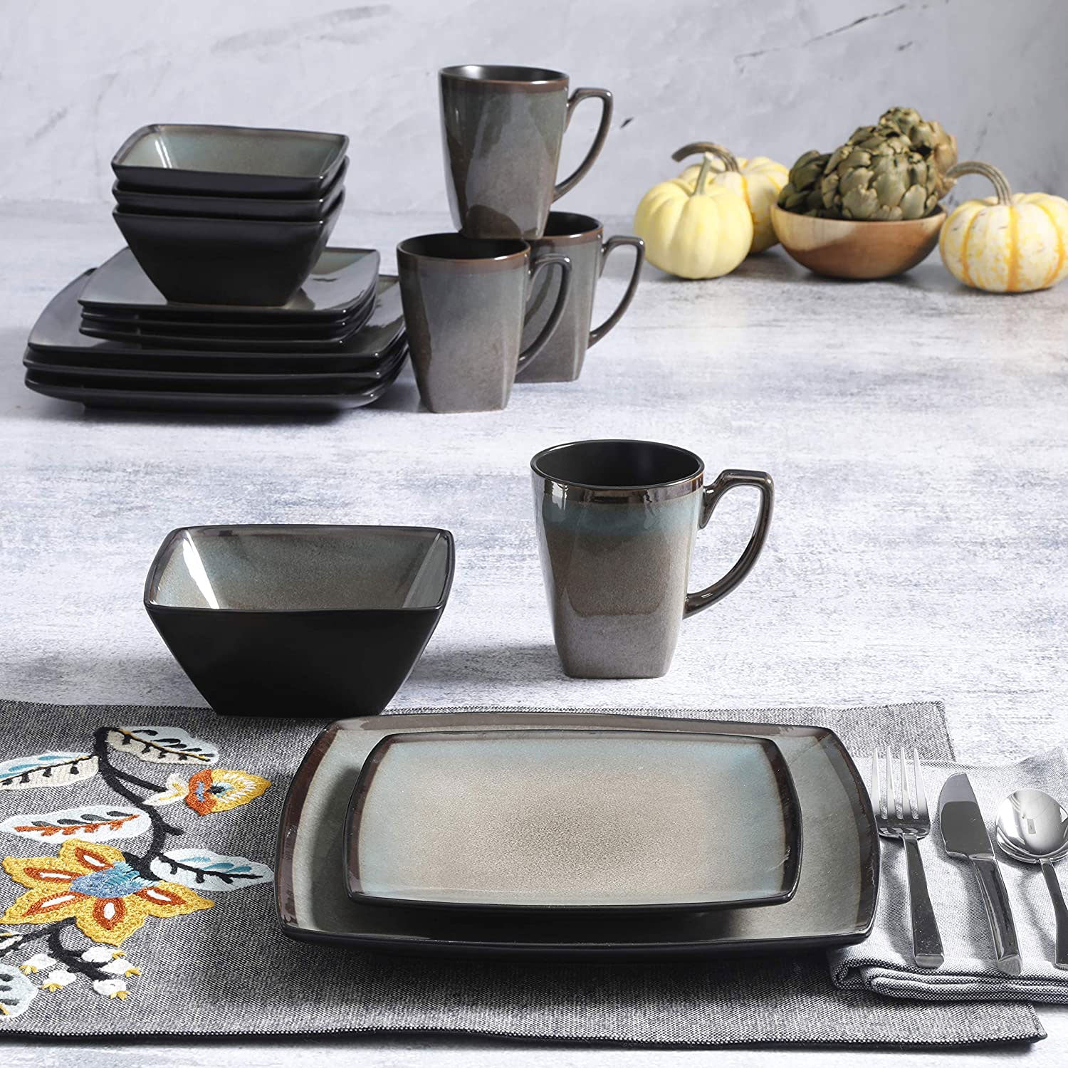 Gibson Elite 16 Piece Glazed Dinnerware Set with Plates, Bowls, & Mugs (3 Pack) - VMInnovations