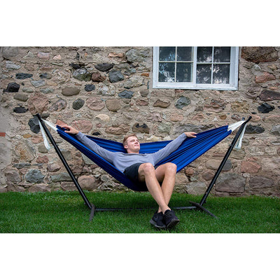 Vivere Double Polyester Outdoor Hammock with Steel Stand & Bag Case, Royal Blue
