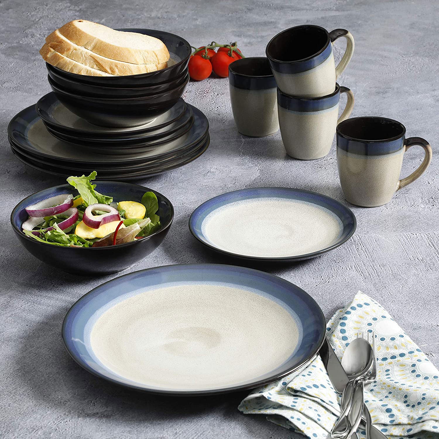 Gibson Elite Couture Band Durable Glazed Stoneware 16Pc Dinnerware ,Blue(Used) - VMInnovations