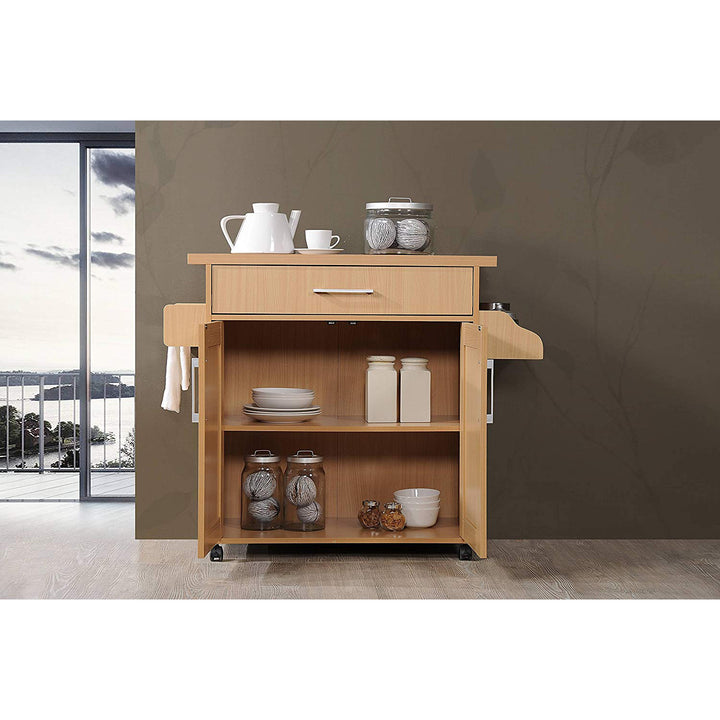 Hodedah Wheeled Kitchen Island with Large Spice Rack and Towel Holder, Beech