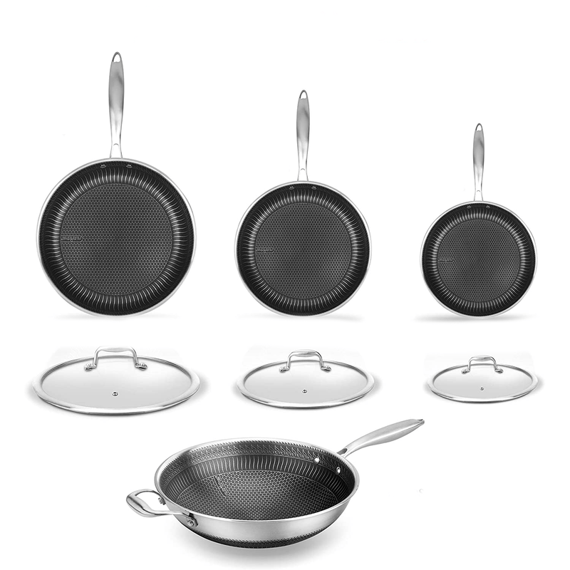 NutriChef 7 Piece Nonstick Stainless Steel Cookware Pan Set with Lids (Open Box)