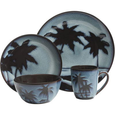 Gibson 16 Piece Reactive Glaze Blue Sunset Dinnerware Set Plates, Bowls, & Mugs