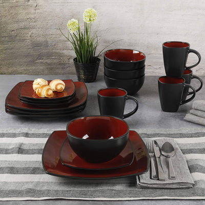 Gibson Soho Lounge 16 Piece Reactive Glaze Dinnerware Plates, Bowls, & Mugs, Red - VMInnovations