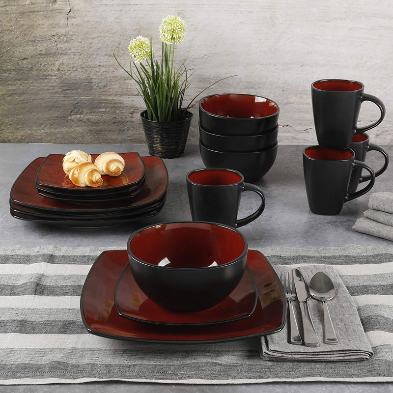 Gibson Soho Lounge 16 Piece Red Glazed Dinnerware Plates, Bowls, & Mugs (2 Pack)