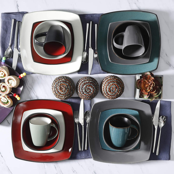 Gibson Soho Lounge 16 Piece Red Glazed Dinnerware Plates, Bowls, & Mugs (2 Pack) - VMInnovations