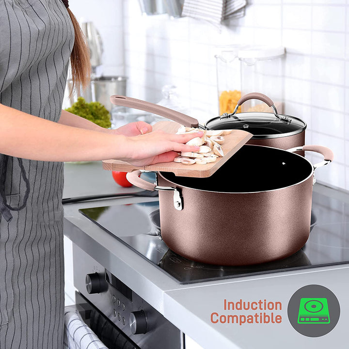NutriChef Nonstick Cooking Kitchen Pots and Pans, 14 Piece Set, Bronze(Open Box)