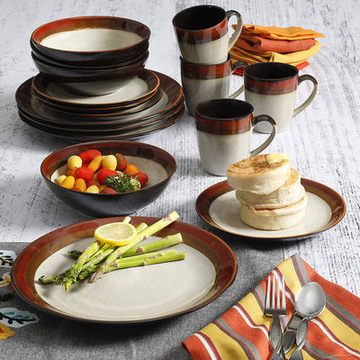 Gibson Couture 16 Piece Reactive Glazed Dinnerware Plates, Bowls, and Mugs, Red - VMInnovations