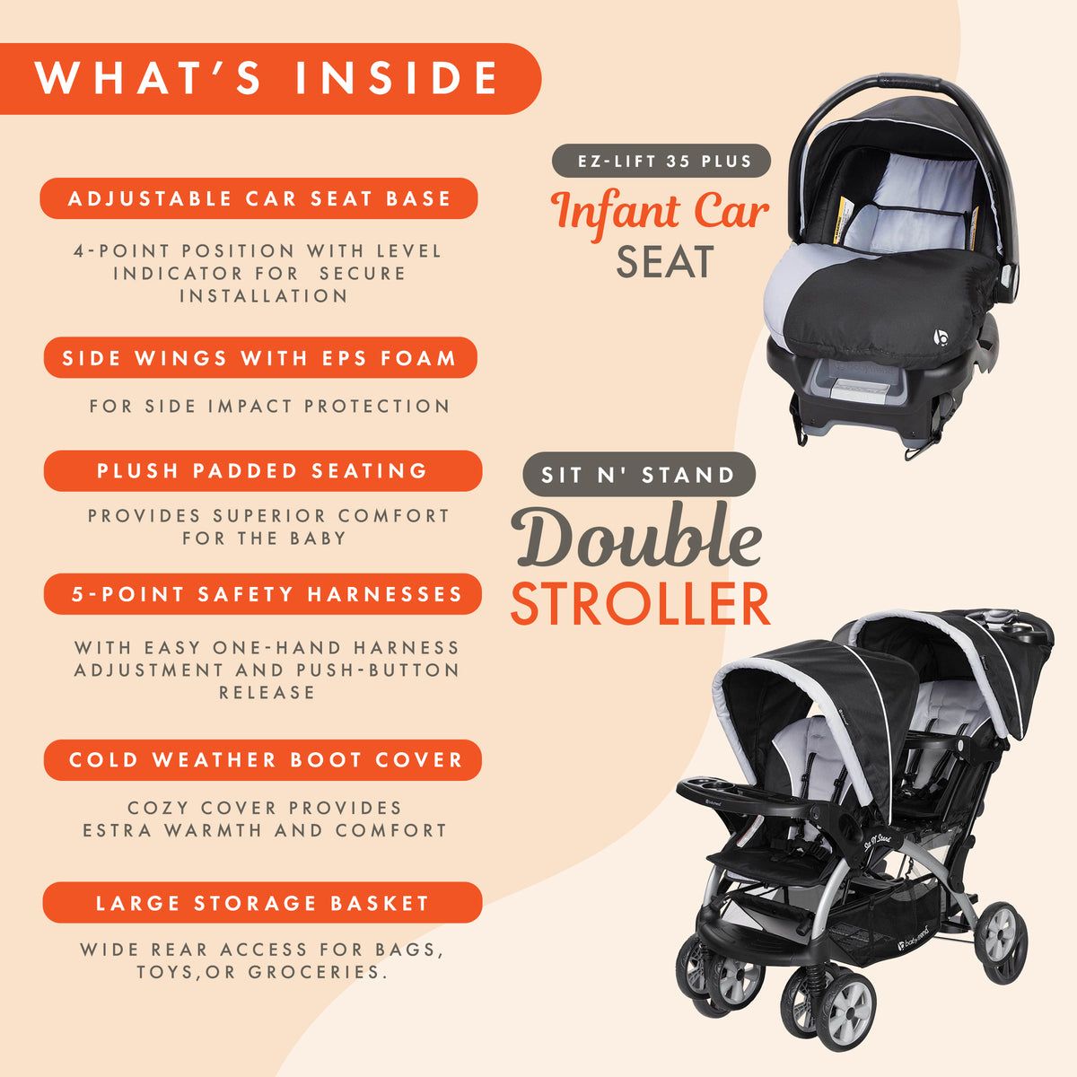 Baby Trend Sit N Stand Baby Double Stroller and 2 Infant Car Seat Combo, Stormy