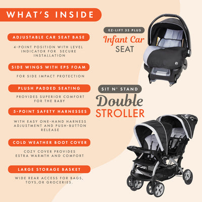 Baby Trend Sit N Stand Baby Double Stroller and 2 Infant Car Seat Combo, Stormy