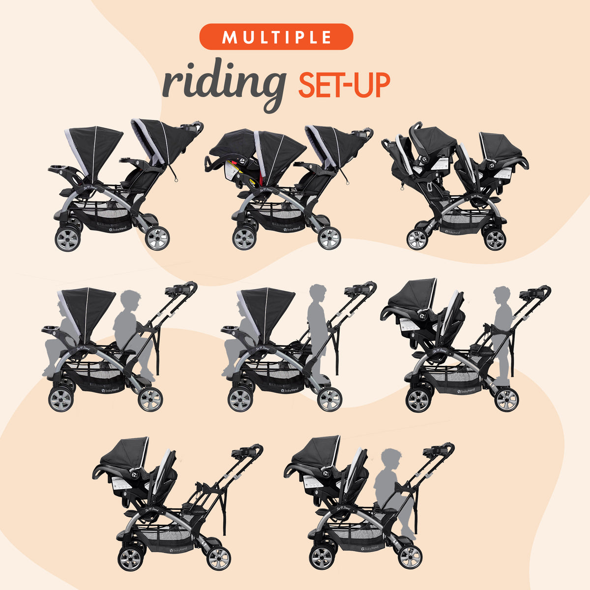 Baby Trend Sit N Stand Baby Double Stroller and 2 Infant Car Seat Combo, Stormy