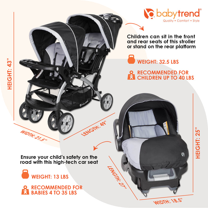 Baby Trend Sit N Stand Baby Double Stroller and 2 Infant Car Seat Combo, Stormy
