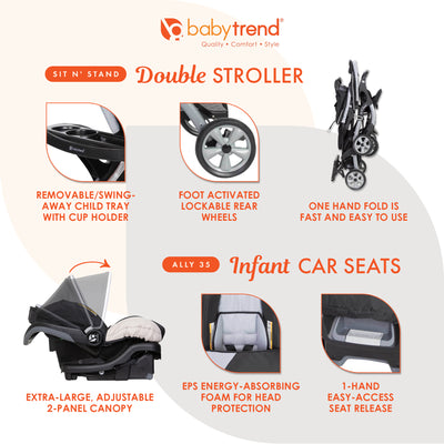 Baby Trend Sit N Stand Baby Double Stroller and 2 Infant Car Seat Combo, Stormy