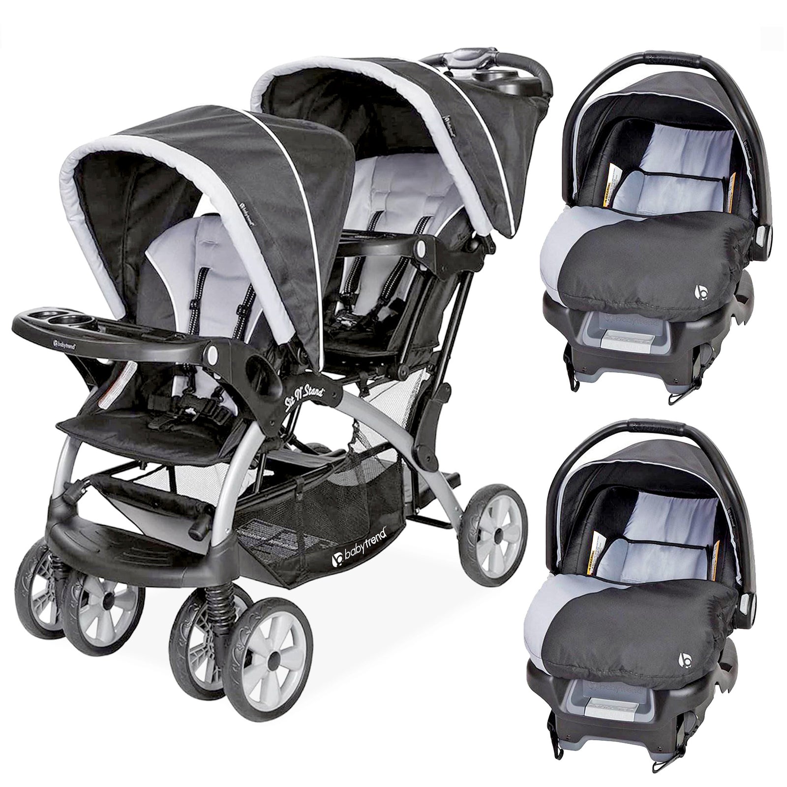 Baby Trend Sit N Stand Baby Double Stroller and 2 Infant Car Seat Combo, Stormy - VMInnovations