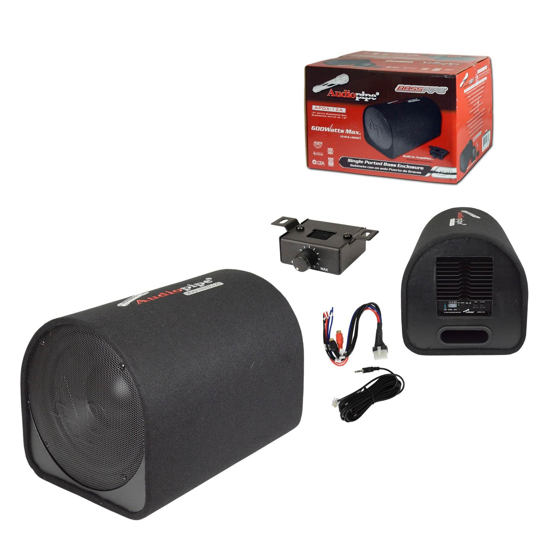 Audiopipe APDX-12A 600 Watts 12 Inch Ported Vented Enclosure Powered Bass Tube + Boss R1100M Riot 1100 Watt Monoblock Class A/B Car Audio Amplifier + Bass Remote + Soundstorm 8 Gauge Car Amplifier Amp Complete Kit Wiring Installation with RCA