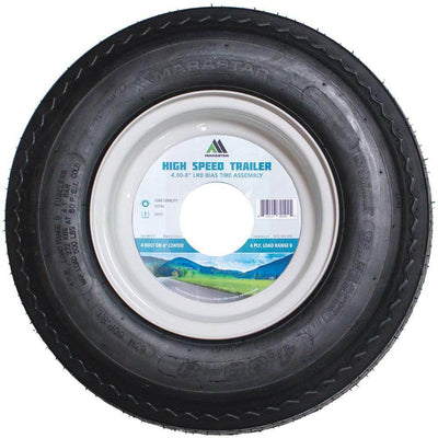 MARASTAR 4.80/8" Bias Trailer Tire Mounted on White Solid 4 Lug Wheel (Open Box)