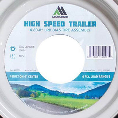 MARASTAR 4.80/8" Bias Trailer Tire Mounted on White Solid 4 Lug Wheel (Open Box)