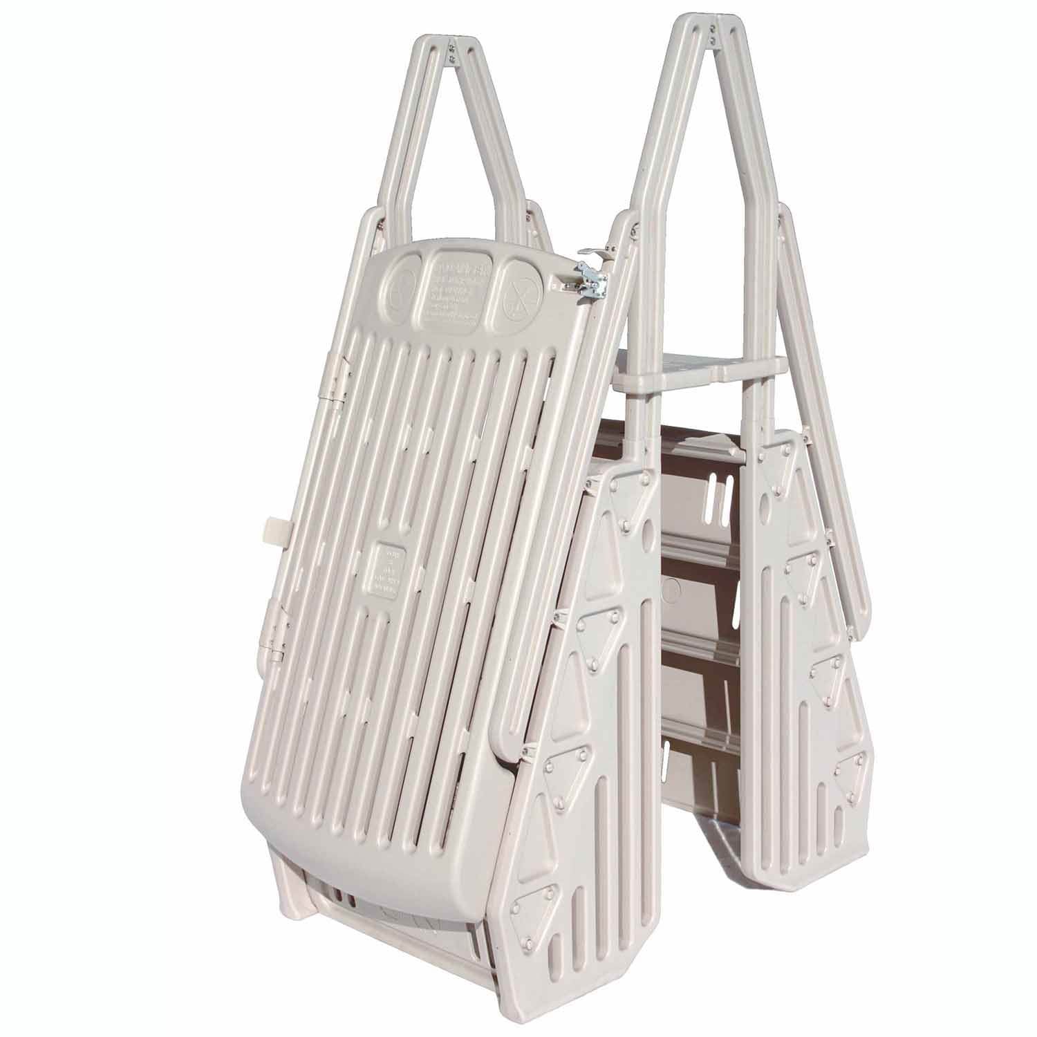 Vinyl Works GE Deluxe Adjustable A Frame Above Ground Pool Ladder w/ Gate, Taupe - VMInnovations