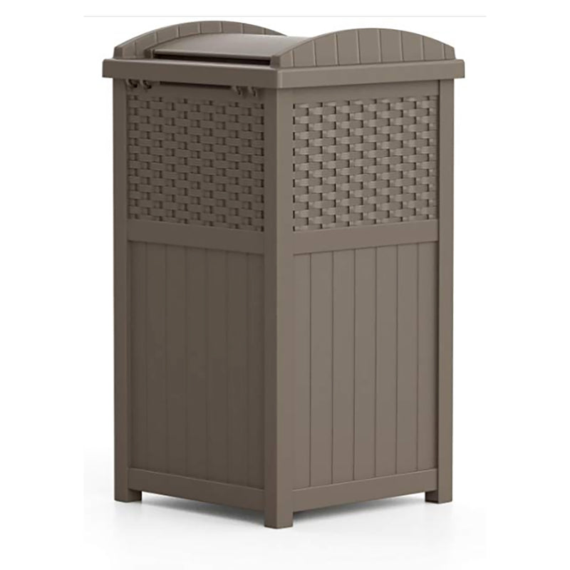 Suncast Wicker Resin Outdoor Hideaway Trash Can with Latching Lid, Dark Taupe - VMInnovations