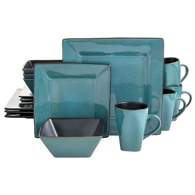 Gibson Elite Kiesling 16 Piece Plates, Bowls, & Mugs Set, Turquoise (Open Box) - VMInnovations