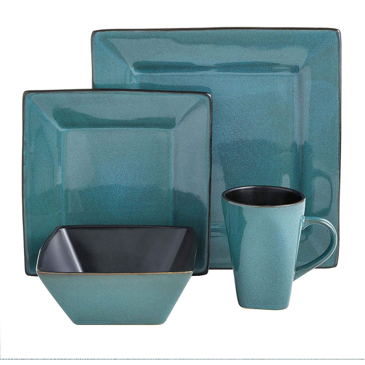 Gibson Elite Kiesling 16 Pc Plates, Bowls, & Mugs Dinner Set, Turquoise (2 Pack)