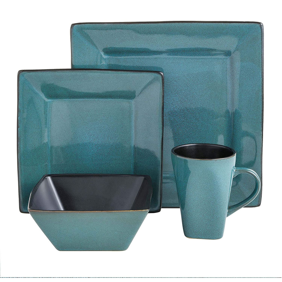 Gibson Elite Kiesling 16 Piece Plates, Bowls, & Mugs Set, Turquoise (Open Box) - VMInnovations