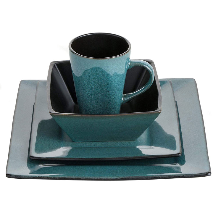 Gibson Elite Kiesling 16 Pc Plates, Bowls, & Mugs Dinner Set, Turquoise (2 Pack)