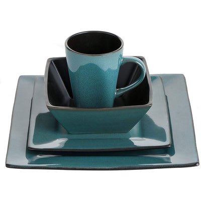 Gibson Elite Kiesling 16 Piece Plates, Bowls, & Mugs Set, Turquoise (Open Box) - VMInnovations