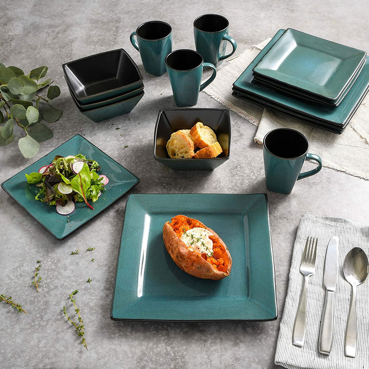 Gibson Elite Kiesling 16 Piece Plates, Bowls, & Mugs Set, Turquoise (Open Box) - VMInnovations