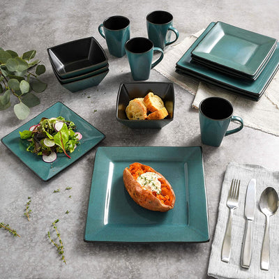 Gibson Elite Kiesling 16 Piece Plates, Bowls, & Mugs Set, Turquoise (Open Box) - VMInnovations