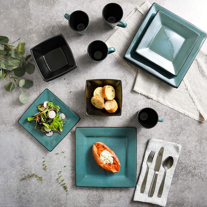 Gibson Elite Kiesling 16 Pc Plates, Bowls, & Mugs Dinner Set, Turquoise (2 Pack)