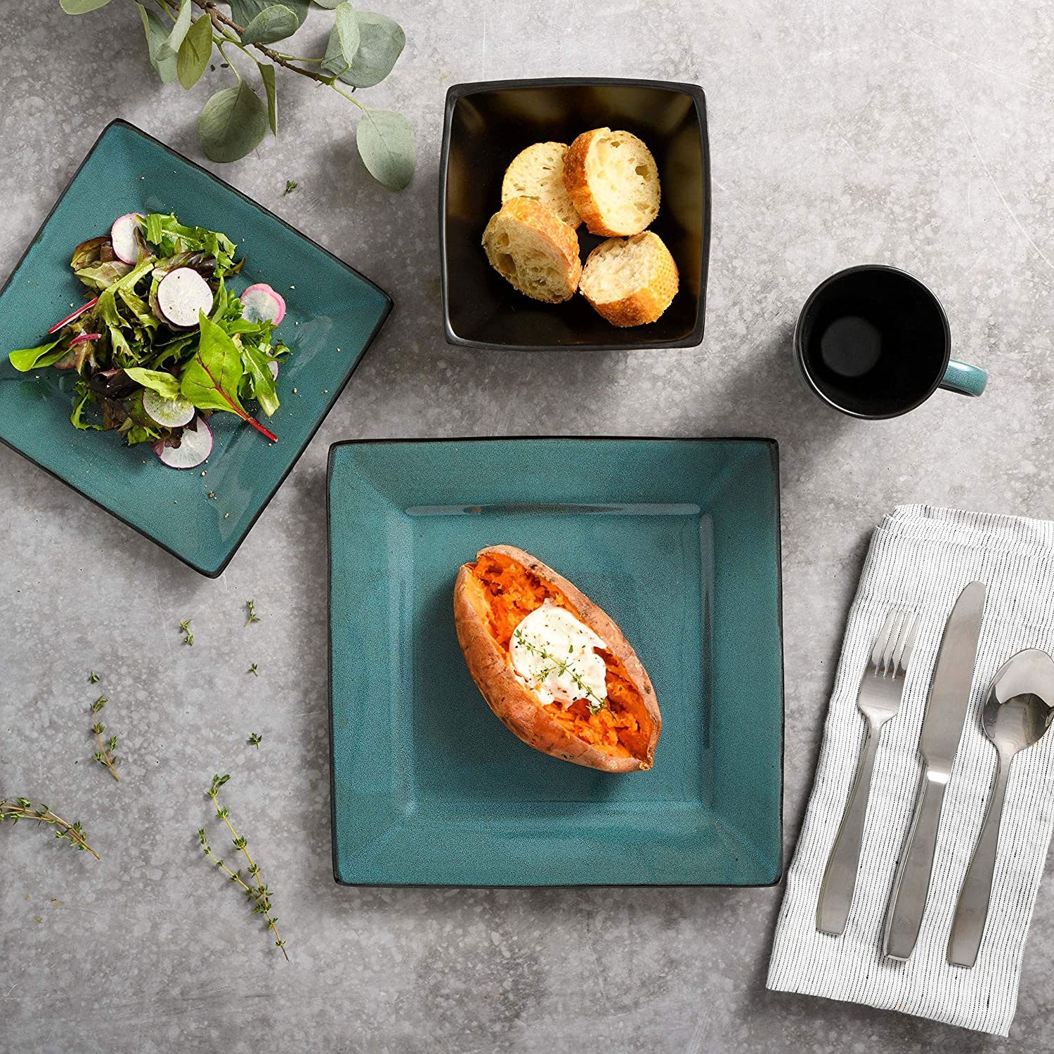 Gibson Elite Kiesling 16 Piece Plates, Bowls, & Mugs Set, Turquoise (Open Box) - VMInnovations