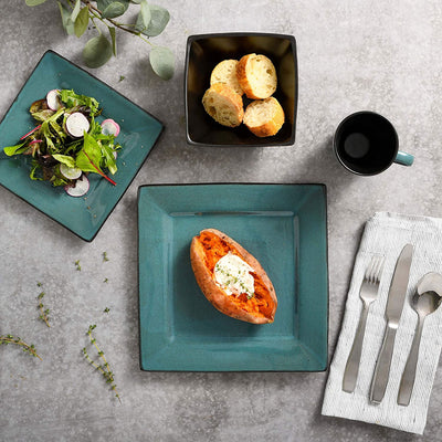 Gibson Elite Kiesling 16 Piece Plates, Bowls, & Mugs Set, Turquoise (Open Box) - VMInnovations