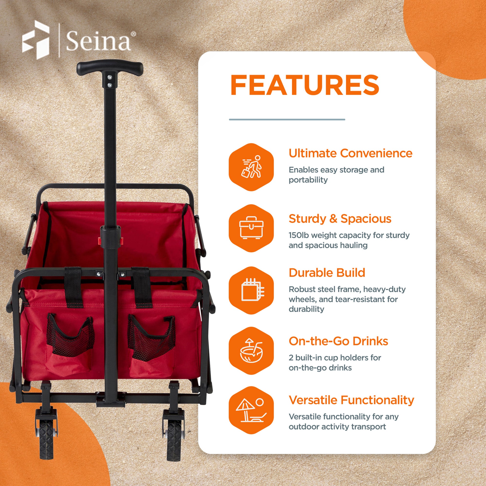 Seina Steel Compact Collapsible Folding Outdoor Portable Utility Cart in Red - VMInnovations