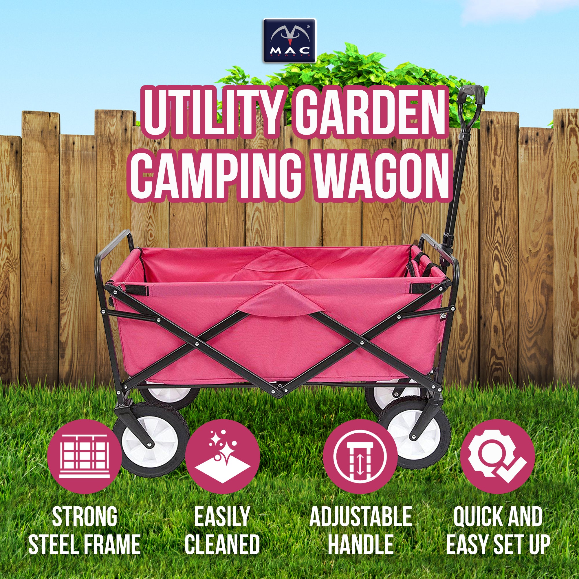 Mac Sports Durable Folding Outdoor Garden Utility Wagon Cart, Pink (Open Box) - VMInnovations